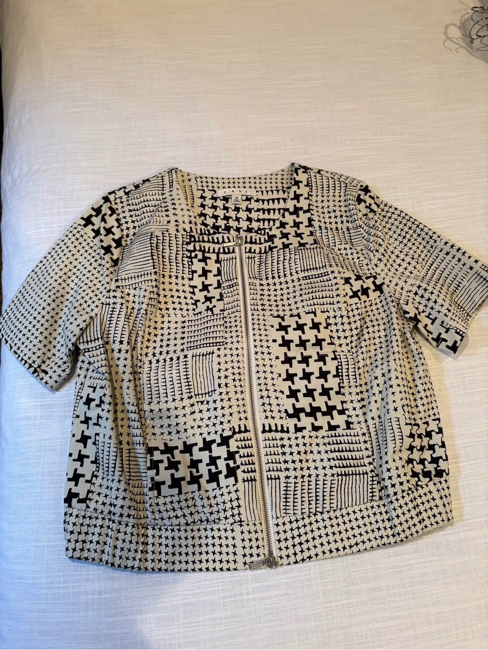 CAbi Black & Cream Geometric Short Sleeve Zip Blazer